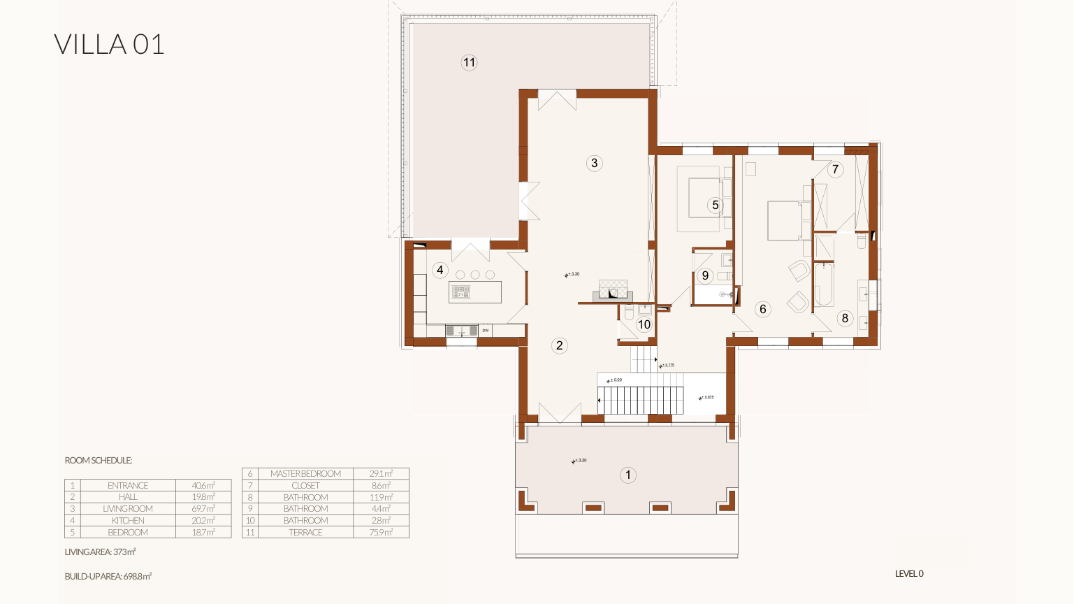 Villa 01 — level 0 floor plan and room schedule