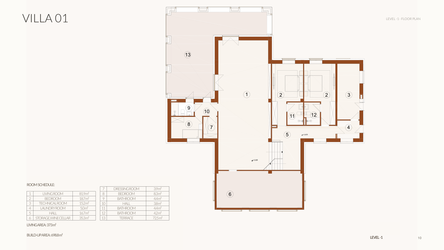 Villa 01 — level -1 floor plan and room schedule
