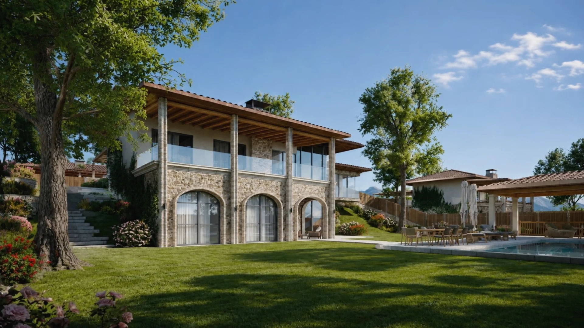 Villa with arched windows and garden — project visualisation