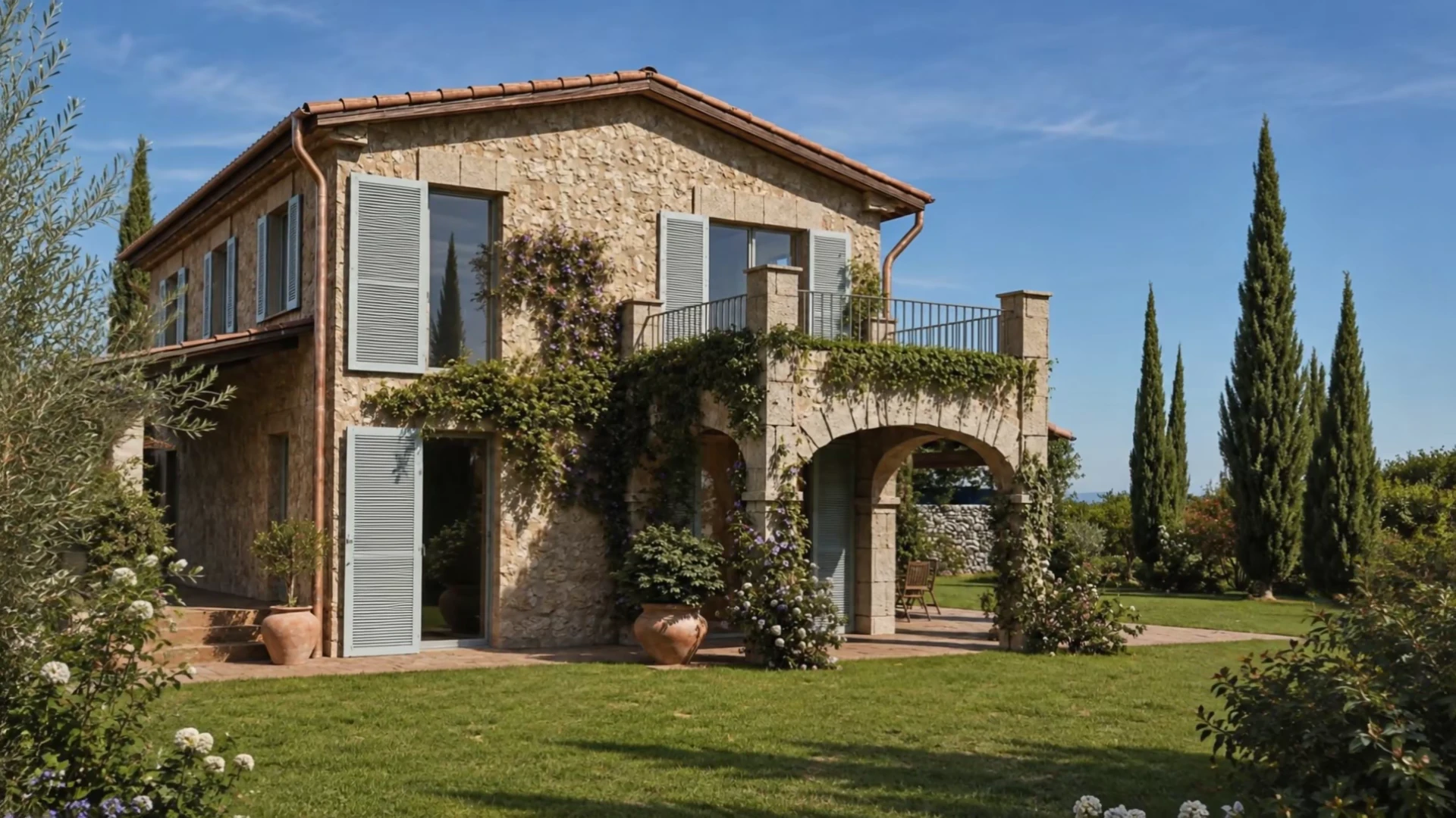 Stone villa and green courtyard — project visualisation